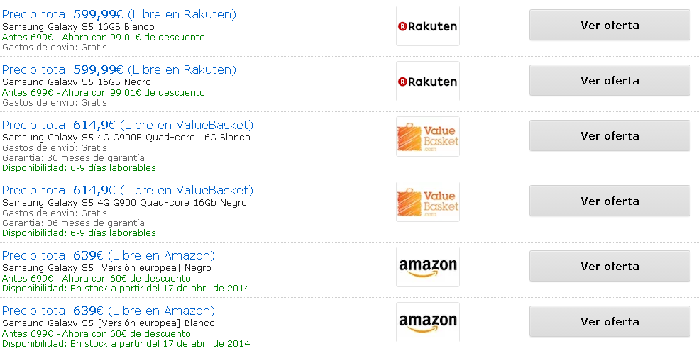 Comparativa tiendas Samsung Galaxy S5 libre