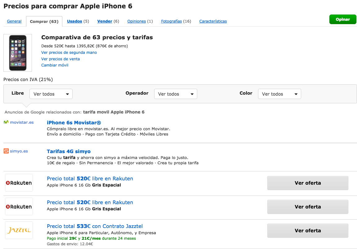 Comparativa precios iPhone 6